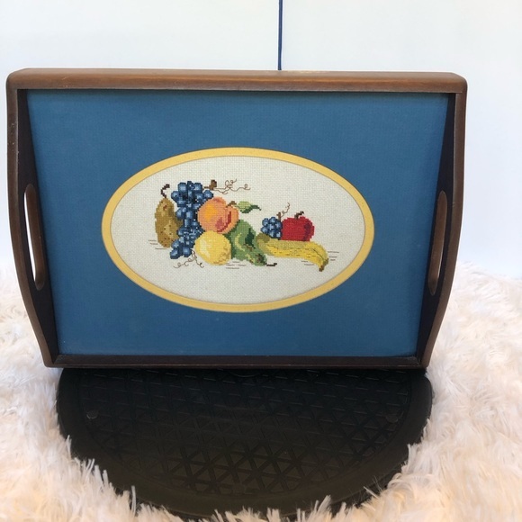 Decorative Wooden Tray with Needlepoint Picture Inset Vintage - Picture 1 of 13